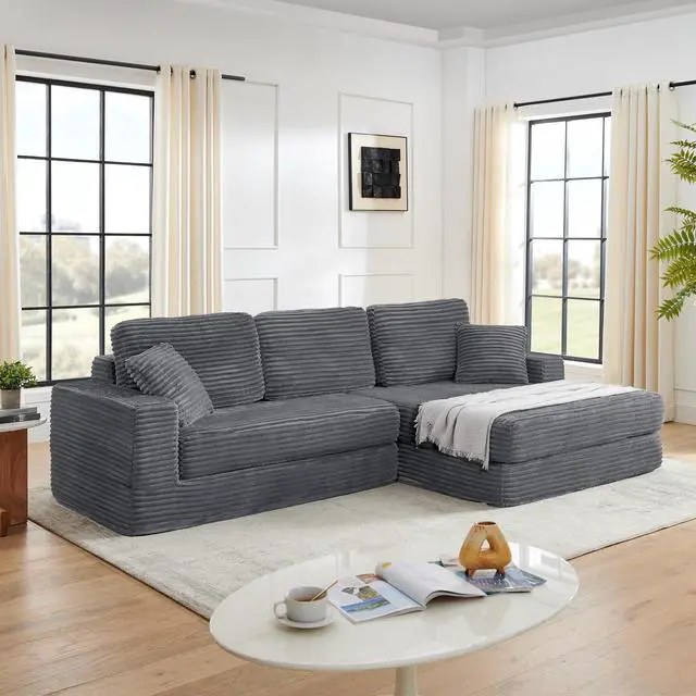 Main image of Right sofa seat,L shape Modular Sectional Sofa, Compressed Sectional Sofa Modern Minimalist Style Corduroy Couch,Unfold into a bed, Bedroom, Comfy Compressed Sofa Couch Space-Efficient Design-Gray