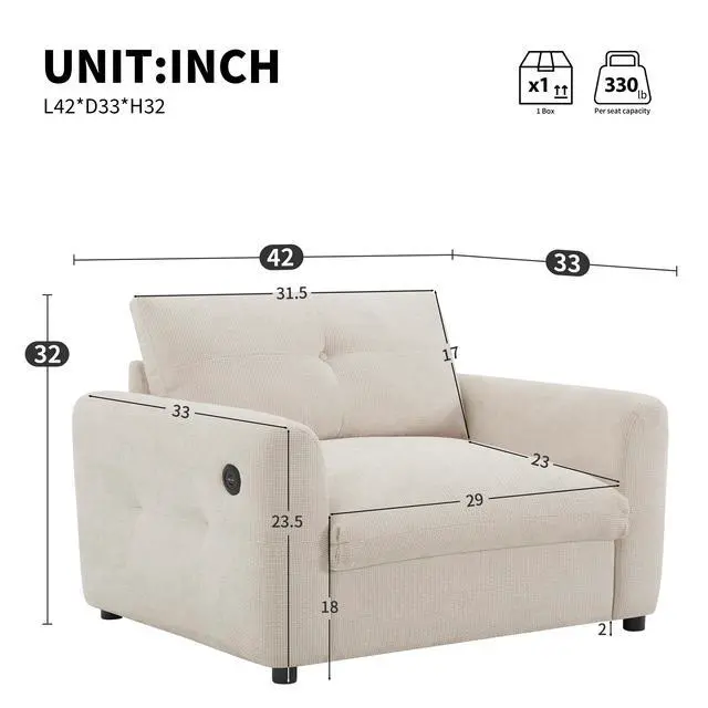 Alt view image 2 of 7 - 42*33" Single Sofa, Armchair with Wide Seat, Dual-port Charger, Pull-line & Tufted Design, High-density Foam, Suitable for Living Room & Apartment, Chenille, 2 Colors