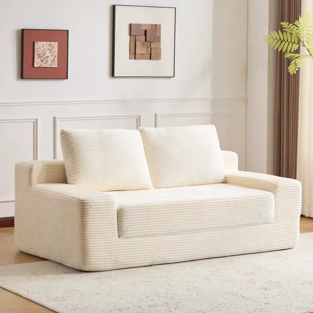 Main image of Loveseat Sofa, Comfortable Deep Seat Sofa Bed, Modern Small Corduroy Couch for Living Room Bedroom,Reversible Cushion with Pillows,No Assembly Required,White
