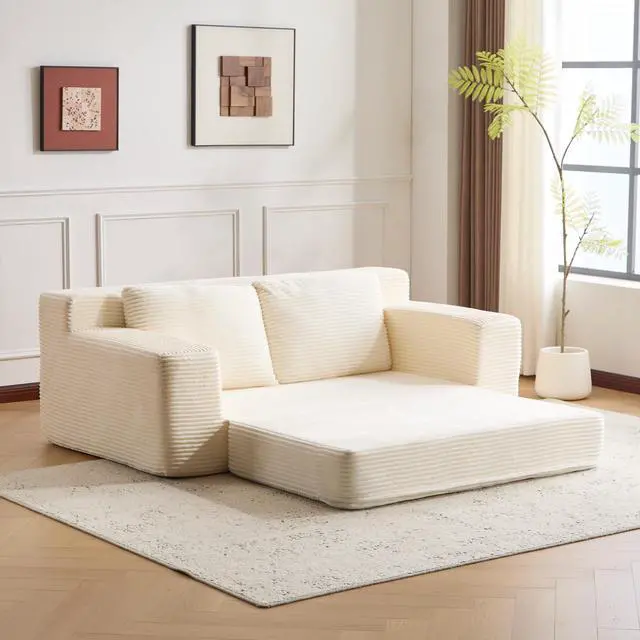 Alt view image 2 of 7 - Loveseat Sofa, Comfortable Deep Seat Sofa Bed, Modern Small Corduroy Couch for Living Room Bedroom,Reversible Cushion with Pillows,No Assembly Required,White