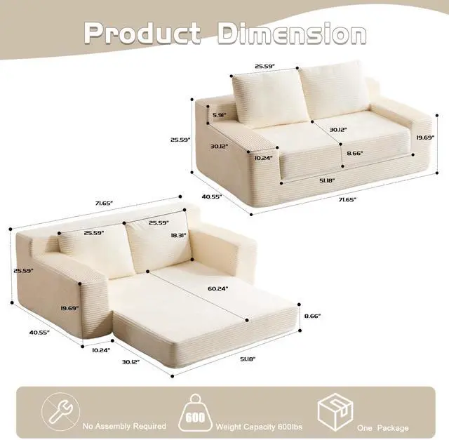 Alt view image 3 of 7 - Loveseat Sofa, Comfortable Deep Seat Sofa Bed, Modern Small Corduroy Couch for Living Room Bedroom,Reversible Cushion with Pillows,No Assembly Required,White