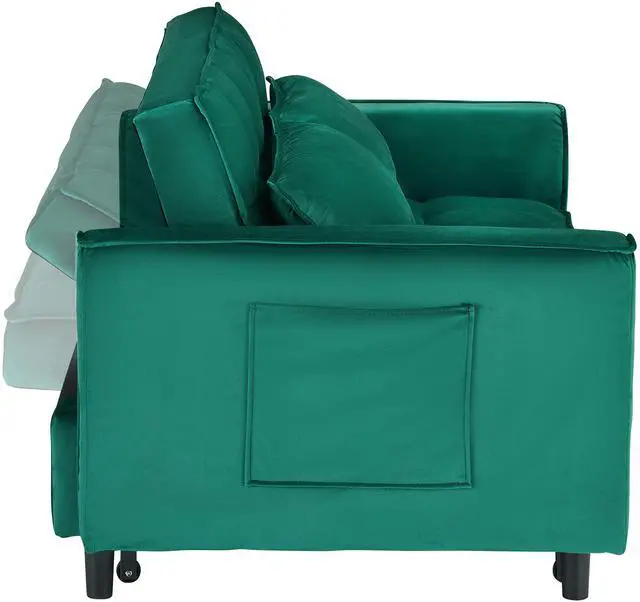 Alt view image 3 of 5 - 55 "green velvet sofa, elegant with convenient pockets, clever interpretation of the three-in-one conversion art