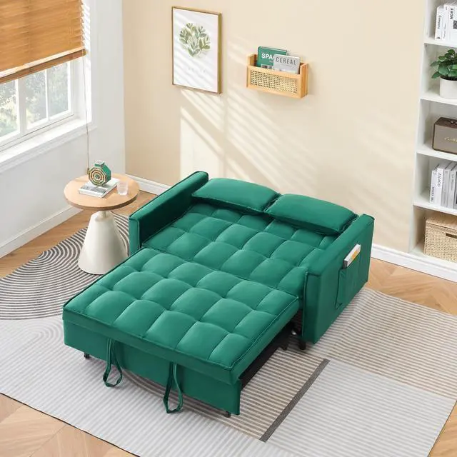 Alt view image 5 of 5 - 55 "green velvet sofa, elegant with convenient pockets, clever interpretation of the three-in-one conversion art