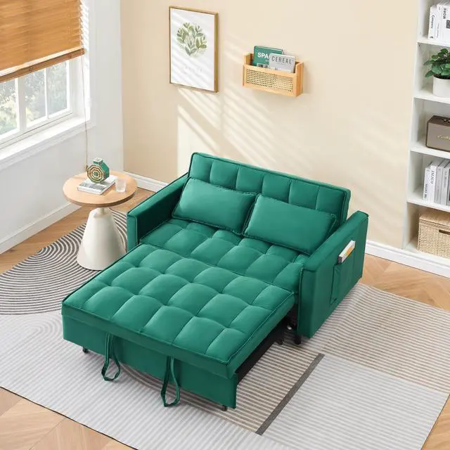 Alt view image 4 of 5 - 55 "green velvet sofa, elegant with convenient pockets, clever interpretation of the three-in-one conversion art