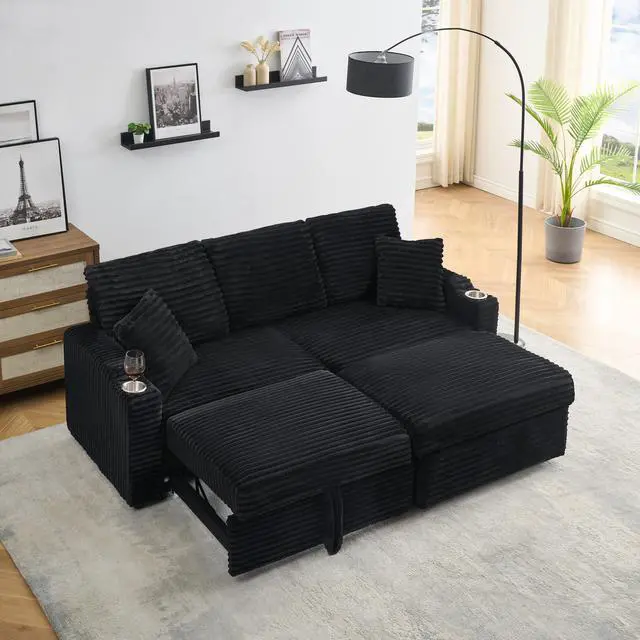 Main image of 80" Corduroy Multi-Function Sofa with Hidden Reclining, Space Saving Design, Armrests, Cup Holders and Removable Footstool, Black