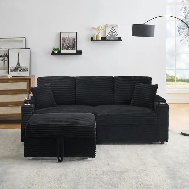 Alt view image 4 of 7 - 80" Corduroy Multi-Function Sofa with Hidden Reclining, Space Saving Design, Armrests, Cup Holders and Removable Footstool, Black