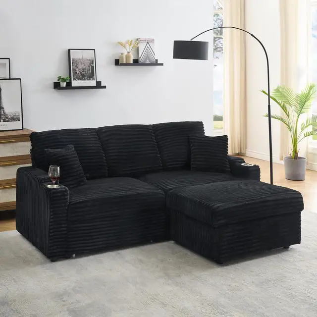 Alt view image 3 of 7 - 80" Corduroy Multi-Function Sofa with Hidden Reclining, Space Saving Design, Armrests, Cup Holders and Removable Footstool, Black