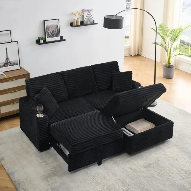 Alt view image 2 of 7 - 80" Corduroy Multi-Function Sofa with Hidden Reclining, Space Saving Design, Armrests, Cup Holders and Removable Footstool, Black