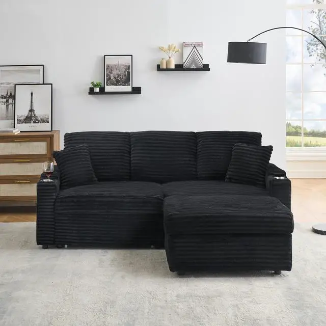 Alt view image 5 of 7 - 80" Corduroy Multi-Function Sofa with Hidden Reclining, Space Saving Design, Armrests, Cup Holders and Removable Footstool, Black