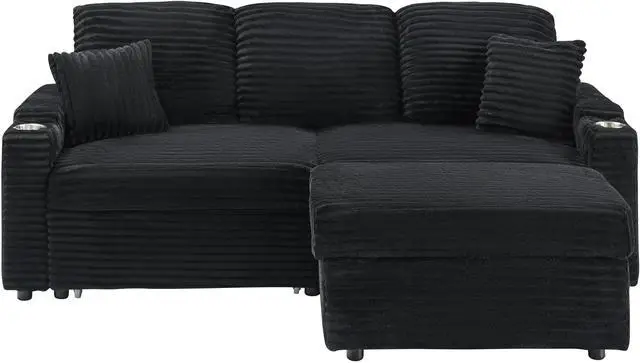Alt view image 6 of 7 - 80" Corduroy Multi-Function Sofa with Hidden Reclining, Space Saving Design, Armrests, Cup Holders and Removable Footstool, Black
