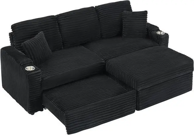 Alt view image 7 of 7 - 80" Corduroy Multi-Function Sofa with Hidden Reclining, Space Saving Design, Armrests, Cup Holders and Removable Footstool, Black