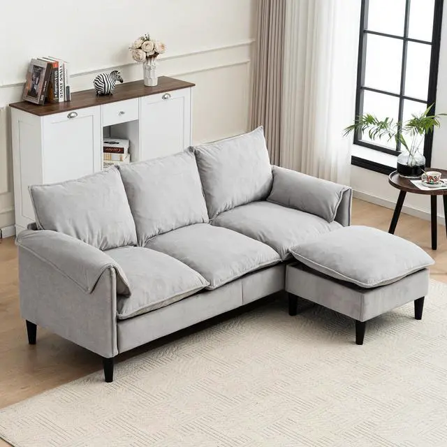 Alt view image 3 of 7 - Convertible Combination Sofa Sofa L-Shaped Sofa with Footstools with Storage, Beige Sofa for Living Room, Living Room/Bedroom/Office/Small Space 3-Seater Combination Sofa-Beige