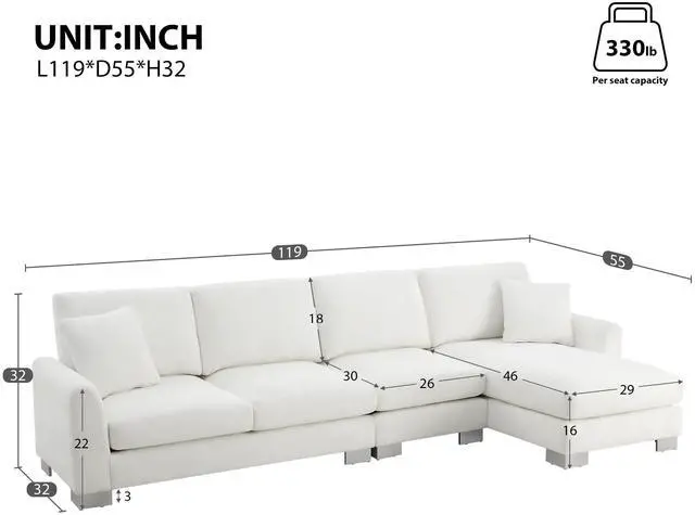 Alt view image 2 of 7 - [VIDEO provided] [New] 119*55" Modern Oversized Sectional Sofa,L-shaped Luxury Couch Set with 2 Free pillows,5-seat Chenille Indoor Furniture with Chaise for Living Room,Apartment,Office,2 Colors