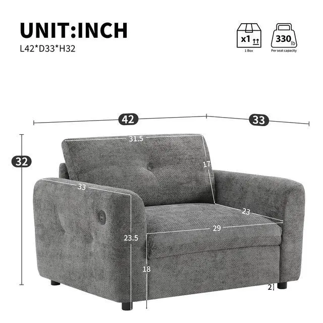 Alt view image 2 of 7 - 42*33" Single Sofa, Armchair with Wide Seat, Dual-port Charger, Pull-line & Tufted Design, High-density Foam, Suitable for Living Room & Apartment, Chenille, 2 Colors
