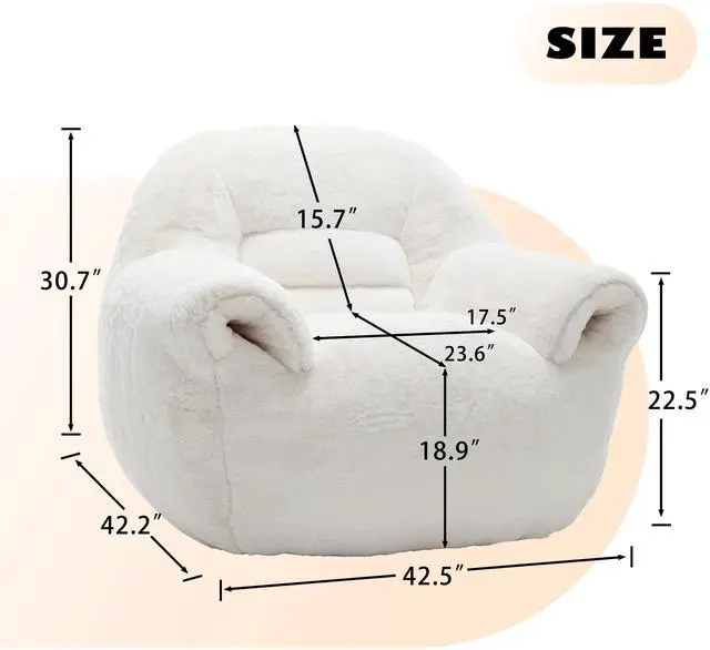 Alt view image 5 of 7 - Bean Bag Chair, Comfy Bean Bag Sofa with Back Support, Faux Fur Bean Bag Chair for Adults and Kids, Stuffed Floor Sofa for Living Room, Bedroom, Apartment, White
