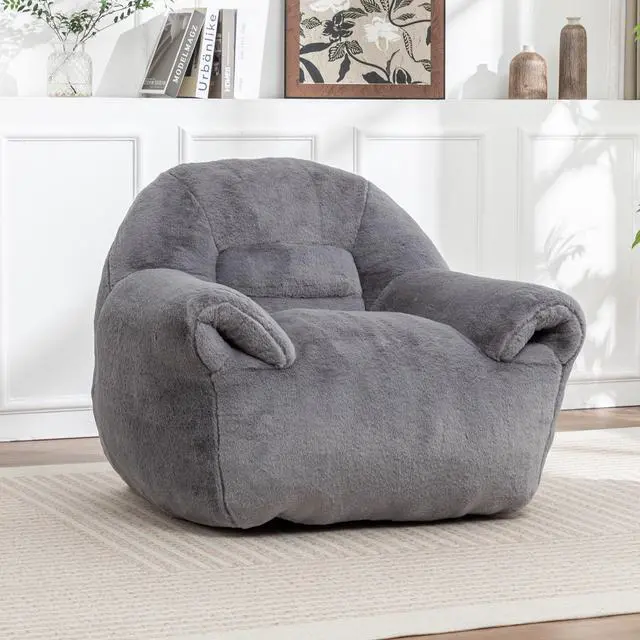 Alt view image 2 of 7 - Bean Bag Chair, Comfy Bean Bag Sofa with Back Support, Faux Fur Bean Bag Chair for Adults and Kids, Stuffed Floor Sofa for Living Room, Bedroom, Apartment, Grey