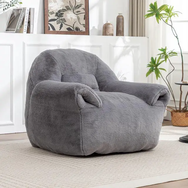 Alt view image 6 of 7 - Bean Bag Chair, Comfy Bean Bag Sofa with Back Support, Faux Fur Bean Bag Chair for Adults and Kids, Stuffed Floor Sofa for Living Room, Bedroom, Apartment, Grey