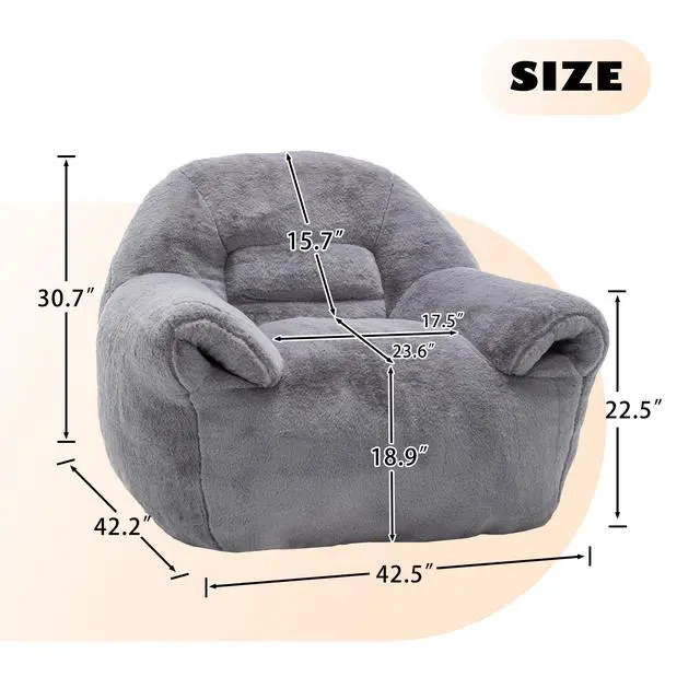 Alt view image 5 of 7 - Bean Bag Chair, Comfy Bean Bag Sofa with Back Support, Faux Fur Bean Bag Chair for Adults and Kids, Stuffed Floor Sofa for Living Room, Bedroom, Apartment, Grey