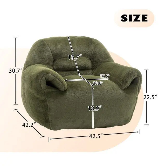 Alt view image 6 of 7 - Bean Bag Chair, Comfy Bean Bag Sofa with Back Support, Faux Fur Bean Bag Chair for Adults and Kids, Stuffed Floor Sofa for Living Room, Bedroom, Apartment, Green