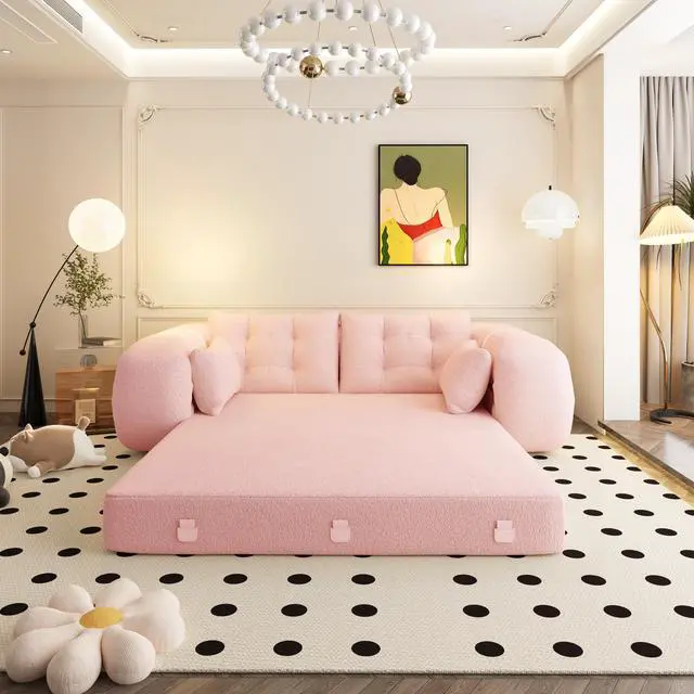 Alt view image 3 of 7 - Human Dog Bed, Lazy Sofa Couch, 78.7" Multi-Functional Foldable Sofa Bed, 3-in-1 Teddy Fabric Foam-Filled Sleeper Sofa Bed for Living Room,Guest Bed,Playroom,Pink