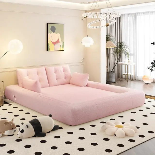 Alt view image 7 of 7 - Human Dog Bed, Lazy Sofa Couch, 78.7" Multi-Functional Foldable Sofa Bed, 3-in-1 Teddy Fabric Foam-Filled Sleeper Sofa Bed for Living Room,Guest Bed,Playroom,Pink