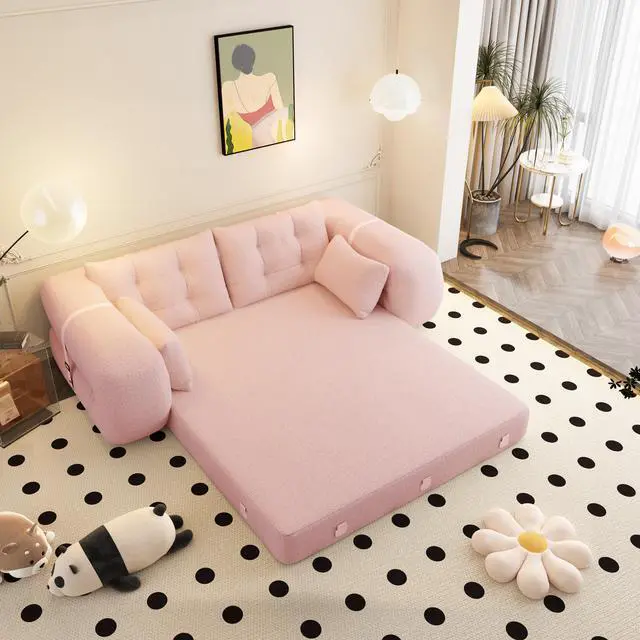 Alt view image 5 of 7 - Human Dog Bed, Lazy Sofa Couch, 78.7" Multi-Functional Foldable Sofa Bed, 3-in-1 Teddy Fabric Foam-Filled Sleeper Sofa Bed for Living Room,Guest Bed,Playroom,Pink