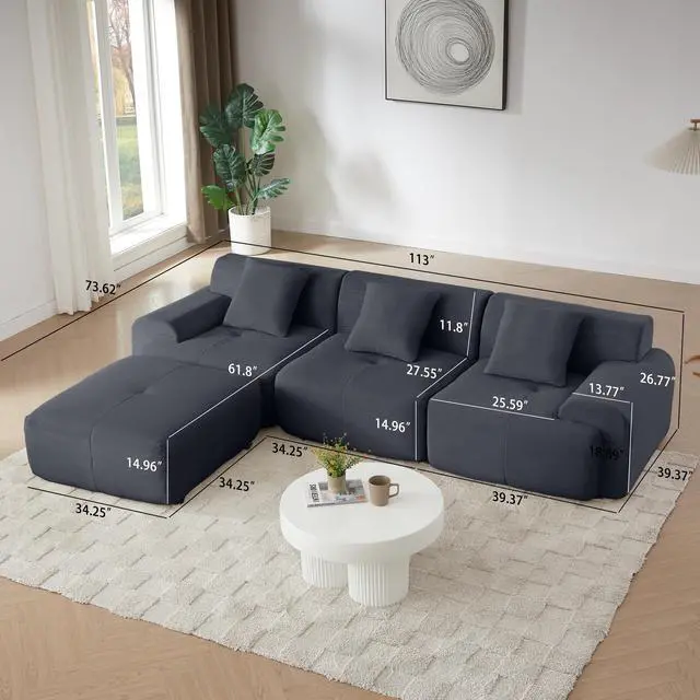 Alt view image 2 of 7 - 113" Modern L-Shaped Modular Sectional Sofa for Living Room, Corduroy Upholstery dark gray, Oversized 3-Seater Couch with Deep Seat and Movable Ottoman  No Assembly