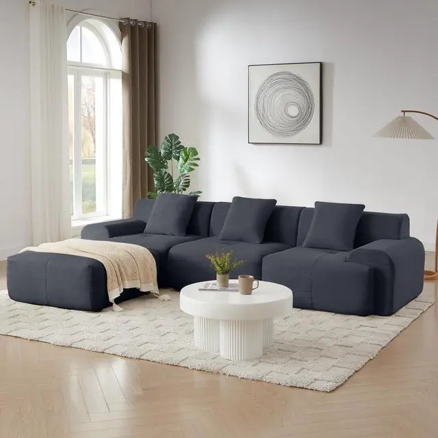 Alt view image 3 of 7 - 113" Modern L-Shaped Modular Sectional Sofa for Living Room, Corduroy Upholstery dark gray, Oversized 3-Seater Couch with Deep Seat and Movable Ottoman  No Assembly