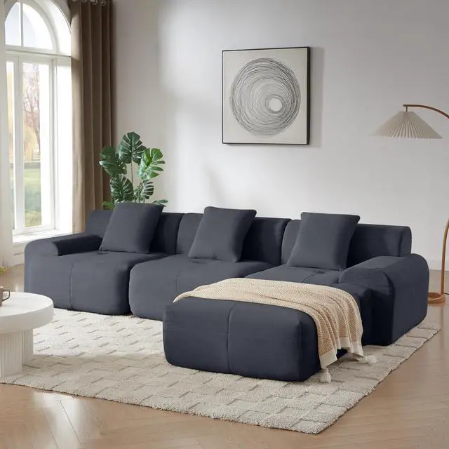 Main image of 113" Modern L-Shaped Modular Sectional Sofa for Living Room, Corduroy Upholstery dark gray, Oversized 3-Seater Couch with Deep Seat and Movable Ottoman  No Assembly