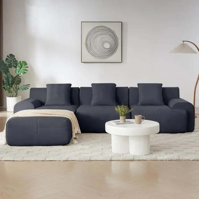 Alt view image 6 of 7 - 113" Modern L-Shaped Modular Sectional Sofa for Living Room, Corduroy Upholstery dark gray, Oversized 3-Seater Couch with Deep Seat and Movable Ottoman  No Assembly