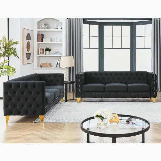 Alt view image 2 of 7 - {Contact us for 3D modeling} Velvet Sofa for Living Room,Buttons Tufted Square Arm Couch, Modern Couch Upholstered Button and Metal Legs, Sofa Couch for Bedroom, Black Velvet ,2PCS