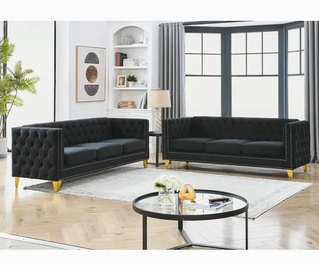 Main image of {Contact us for 3D modeling} Velvet Sofa for Living Room,Buttons Tufted Square Arm Couch, Modern Couch Upholstered Button and Metal Legs, Sofa Couch for Bedroom, Black Velvet ,2PCS