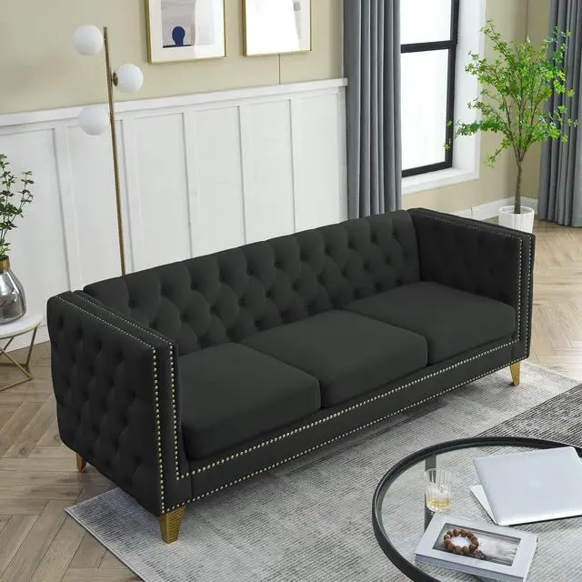 Alt view image 4 of 7 - {Contact us for 3D modeling} Velvet Sofa for Living Room,Buttons Tufted Square Arm Couch, Modern Couch Upholstered Button and Metal Legs, Sofa Couch for Bedroom, Black Velvet ,2PCS