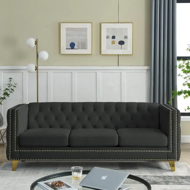 Alt view image 6 of 7 - {Contact us for 3D modeling} Velvet Sofa for Living Room,Buttons Tufted Square Arm Couch, Modern Couch Upholstered Button and Metal Legs, Sofa Couch for Bedroom, Black Velvet ,2PCS