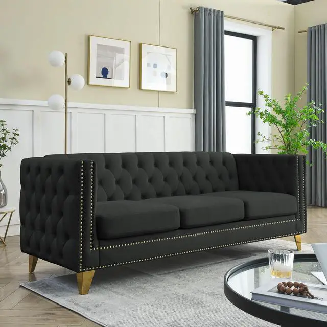 Alt view image 5 of 7 - {Contact us for 3D modeling} Velvet Sofa for Living Room,Buttons Tufted Square Arm Couch, Modern Couch Upholstered Button and Metal Legs, Sofa Couch for Bedroom, Black Velvet ,2PCS