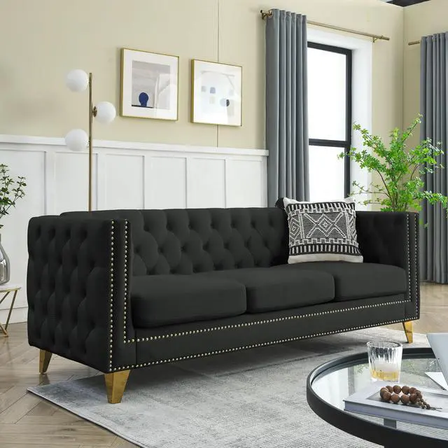 Alt view image 7 of 7 - {Contact us for 3D modeling} Velvet Sofa for Living Room,Buttons Tufted Square Arm Couch, Modern Couch Upholstered Button and Metal Legs, Sofa Couch for Bedroom, Black Velvet ,2PCS