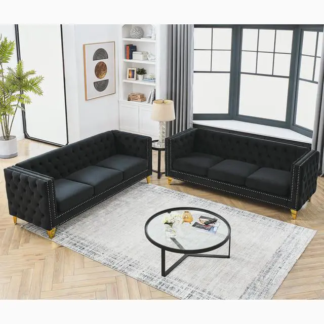 Alt view image 3 of 7 - {Contact us for 3D modeling} Velvet Sofa for Living Room,Buttons Tufted Square Arm Couch, Modern Couch Upholstered Button and Metal Legs, Sofa Couch for Bedroom, Black Velvet ,2PCS