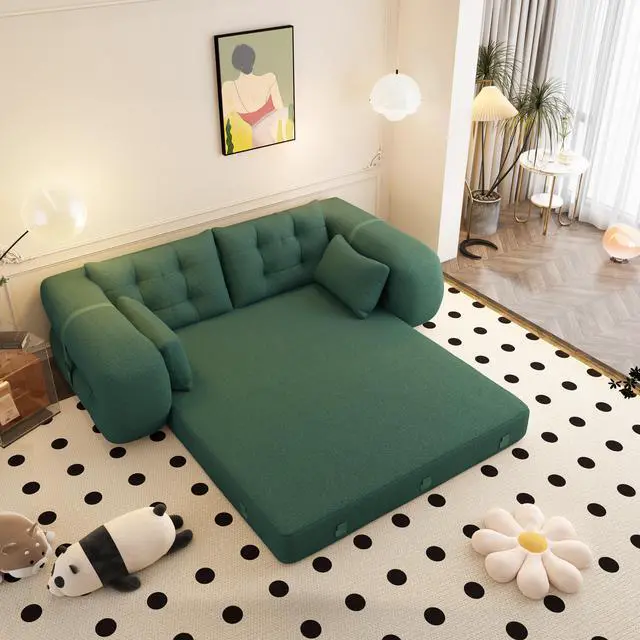 Alt view image 5 of 7 - Human Dog Bed, Lazy Sofa Couch, 78.7" Multi-Functional Foldable Sofa Bed, 3-in-1 Teddy Fabric Foam-Filled Sleeper Sofa Bed for Living Room,Guest Bed,Playroom,Green