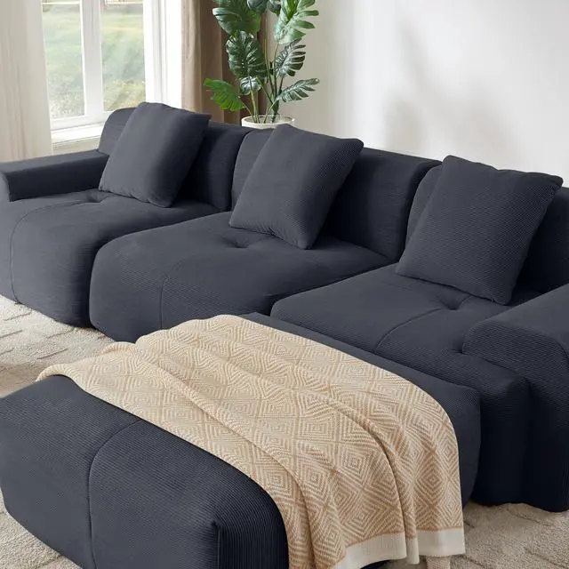 Alt view image 4 of 7 - 113" Modern L-Shaped Modular Sectional Sofa for Living Room, Corduroy Upholstery dark gray, Oversized 3-Seater Couch with Deep Seat and Movable Ottoman  No Assembly