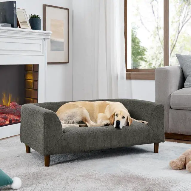 Main image of Pet sofa with backrest and armrests, modern rectangular pet sofa suitable for small and medium dogs, soft cushion comfortable dog sofa,--Dark grey