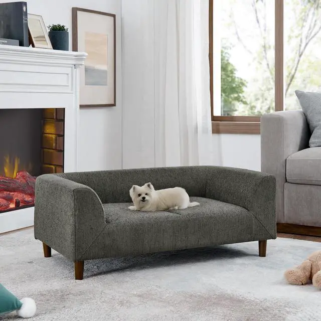 Alt view image 2 of 7 - Pet sofa with backrest and armrests, modern rectangular pet sofa suitable for small and medium dogs, soft cushion comfortable dog sofa,--Dark grey