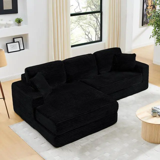Alt view image 2 of 7 - Left sofa seat,L shape Modular Sectional Sofa, Compressed Sectional Sofa Modern Minimalist Style Corduroy Couch,Unfold into a bed, Bedroom, Comfy Compressed Sofa Couch Space-Efficient Design-black