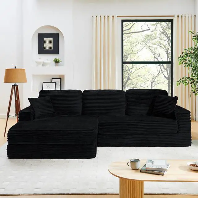 Alt view image 3 of 7 - Left sofa seat,L shape Modular Sectional Sofa, Compressed Sectional Sofa Modern Minimalist Style Corduroy Couch,Unfold into a bed, Bedroom, Comfy Compressed Sofa Couch Space-Efficient Design-black