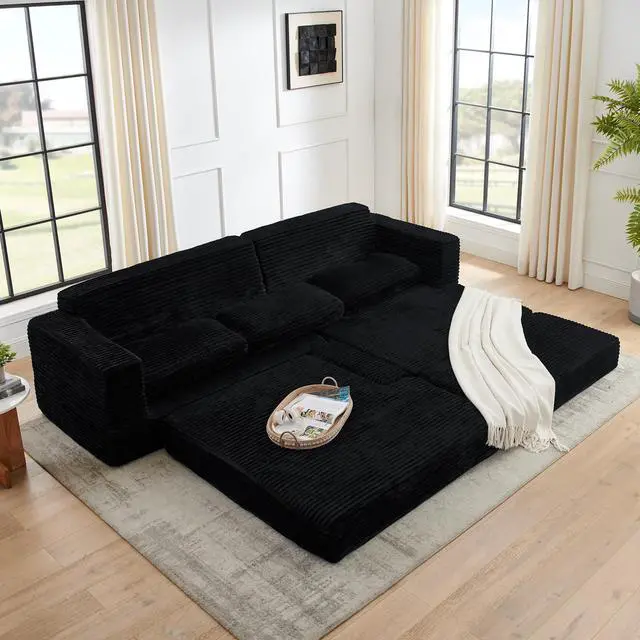 Alt view image 4 of 7 - Left sofa seat,L shape Modular Sectional Sofa, Compressed Sectional Sofa Modern Minimalist Style Corduroy Couch,Unfold into a bed, Bedroom, Comfy Compressed Sofa Couch Space-Efficient Design-black