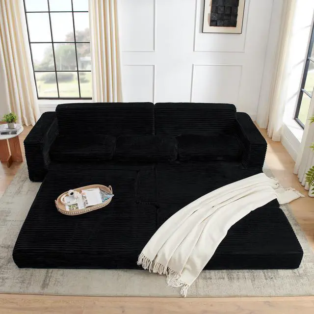 Alt view image 5 of 7 - Left sofa seat,L shape Modular Sectional Sofa, Compressed Sectional Sofa Modern Minimalist Style Corduroy Couch,Unfold into a bed, Bedroom, Comfy Compressed Sofa Couch Space-Efficient Design-black