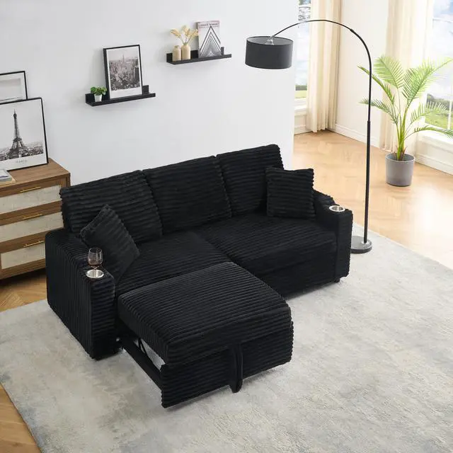 Main image of 80-inch two-in-one folding sofa, foldable hidden lying function, corduroy fabric, equipped with cup holder and pillow, easily adapts to the living room space, black