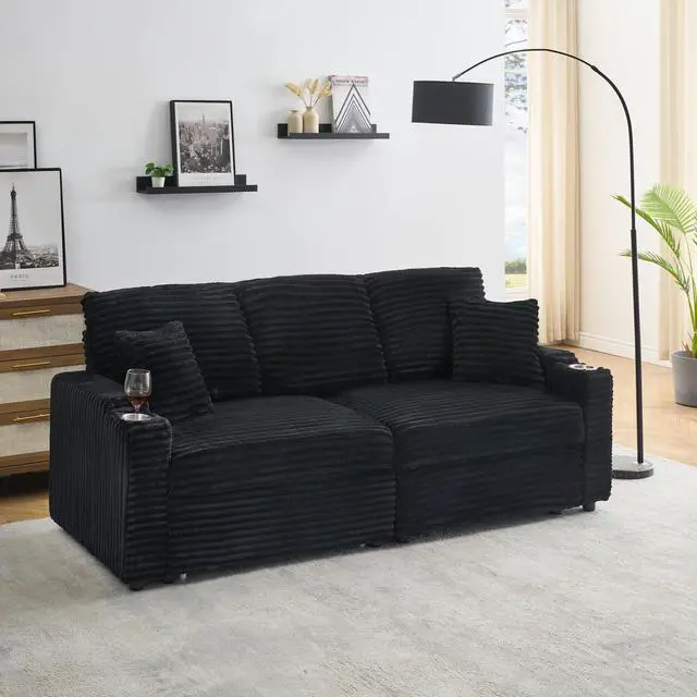 Alt view image 2 of 5 - 80-inch two-in-one folding sofa, foldable hidden lying function, corduroy fabric, equipped with cup holder and pillow, easily adapts to the living room space, black