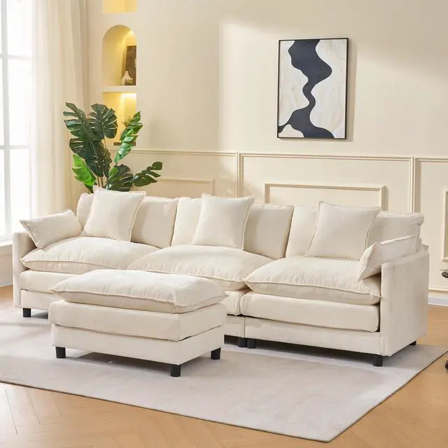 Alt view image 6 of 7 - 108" L Shaped Modern Sofa Modular Sectional Cloud Couch with Ottoman, 4-Seat Chenille Deep Seat Sofa with Pillow for Living Room, Bedroom and Apartment