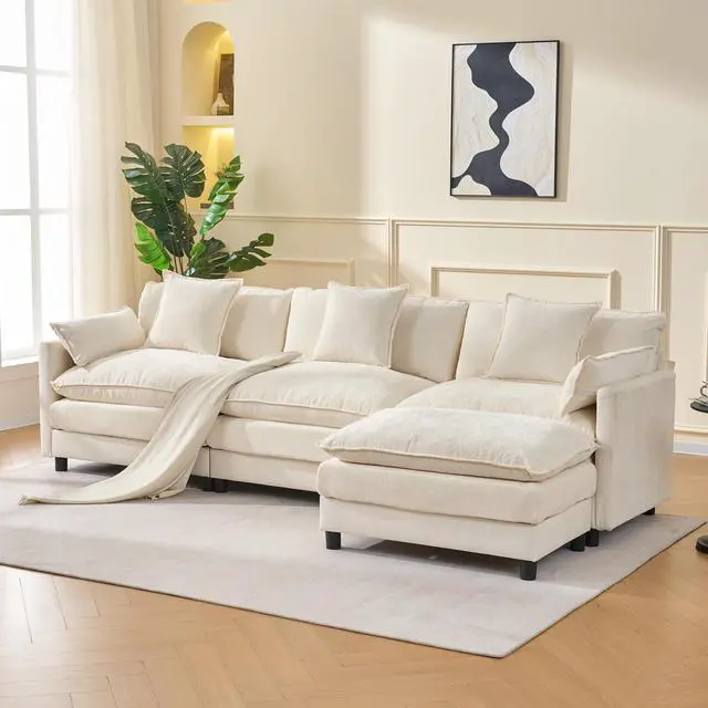 Alt view image 3 of 7 - 108" L Shaped Modern Sofa Modular Sectional Cloud Couch with Ottoman, 4-Seat Chenille Deep Seat Sofa with Pillow for Living Room, Bedroom and Apartment