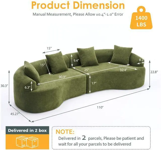 Alt view image 2 of 7 - Curved Boneless Sofa,Compression Modular 110'' Sectional,Green High-Density,Couches Sleeper for Living Room Bedroom Apartment Lounge,Chenille